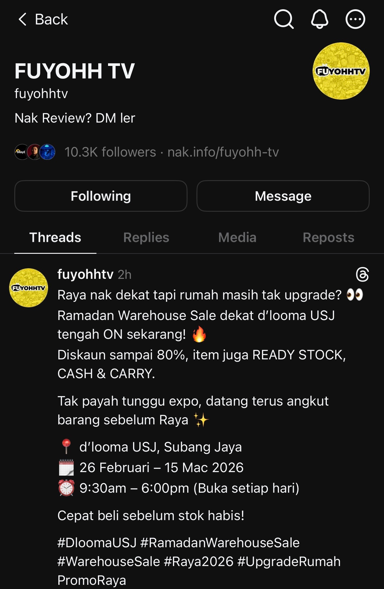 FuyohhTV di Threads — tangkapan skrin portfolio